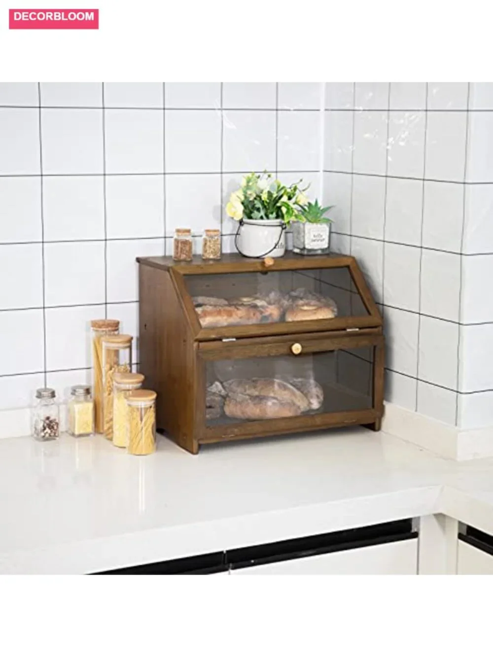Double Layer Bamboo Bread Box with See-Through Window, Large Storage